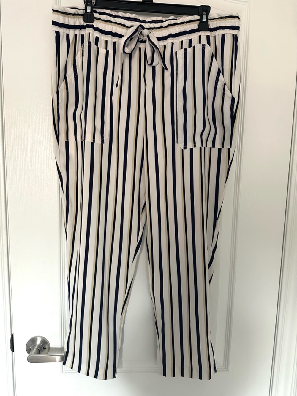 Zara Women’s Striped Drawstring Pants - White, Cream and Navy